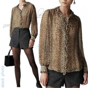 J.Crew JCREW Ruffle Button-Up Brown Leopard Crinkle Chiffon Blouse w/ Cami Top